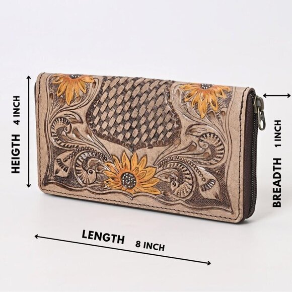 ⭐Women's Bifold Flower Carved Slots Basket Tooled Clutch Zip Around Wristlet - Picture 4 of 7